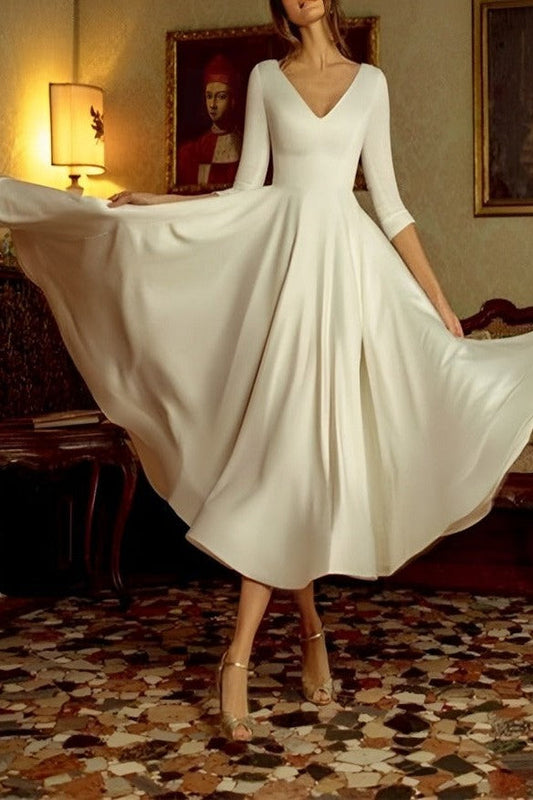 Ivory A-Line Wedding Dress V-Neck Tea-Length Long Sleeve Bridal Dress