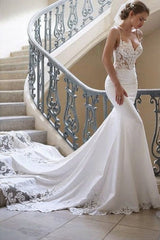 Ivory Mermaid Wedding Dress Spaghetti Straps Appliques Lace Bridal Dress