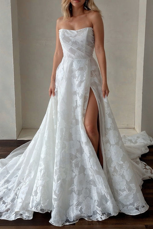 Ivory Wedding Dress Strapless Lace A Line Bridal Dress with Sweep Train