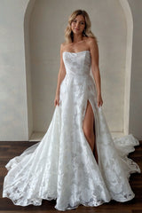 Ivory Wedding Dress Strapless Lace A Line Bridal Dress with Sweep Train