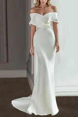 Ivory A Line Wedding Dress Off the Shoulder Bridal Dress with Panel Train