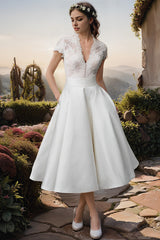 Ivory Ball Gown Wedding Dress Tea Length Lace V Neck Bridal Dress