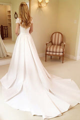 Ivory Lace Wedding Dress Short Sleeves A Line Satin Bridal Dress with Sweep Train