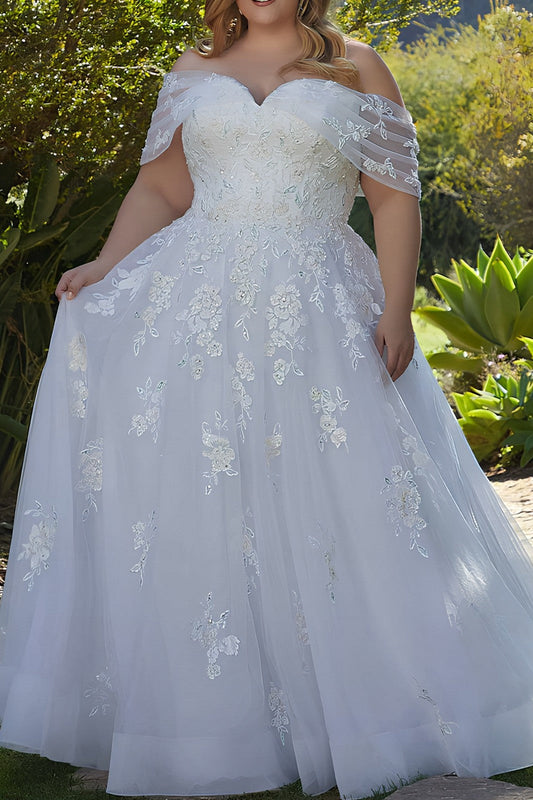 White Wedding Dress Off the Shoulder A Line Plus Size Bridal Dress with Appliques