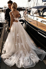 Champagne Wedding Dress Tulle A Line Appliques Bridal Dress with Sweep Train