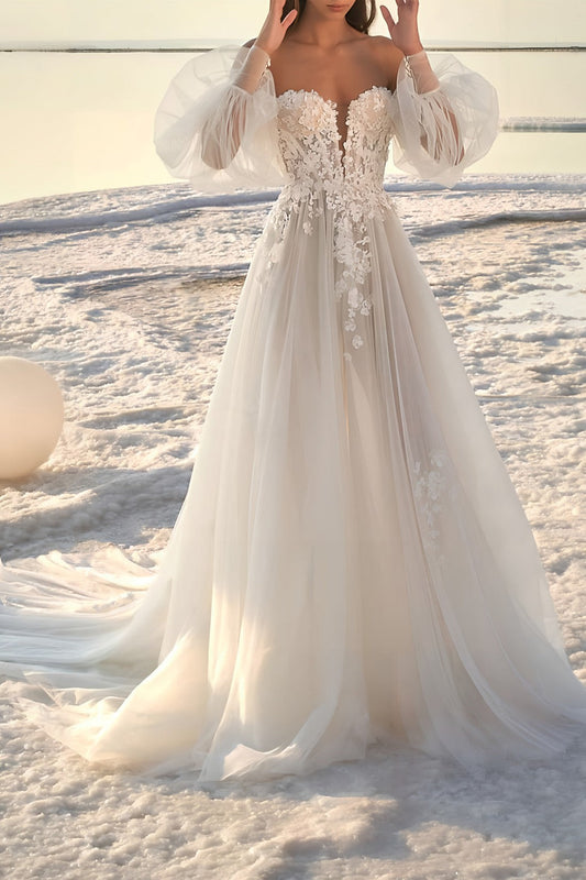 White Wedding Dress A Line Tulle Off the Shoulder Long Sleeves Bridal Dress with Appliques