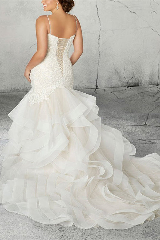 Ivory Mermaid Wedding Dress V Neck Appliques Bridal Dress with Ruffles