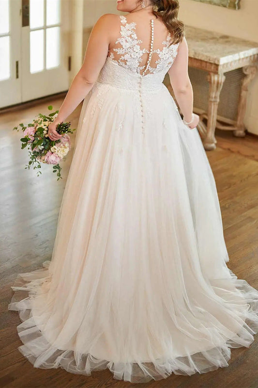 Ivory A Line Wedding Dress V Neck Plus Size Lace Appliques Bridal Dress