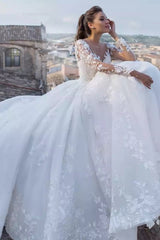 Ivory Wedding Dress Ball Gown V-Neck Floor-length Lace Appliques Bridal Dress