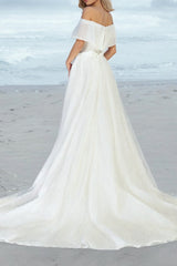 Ivory A-Line Wedding Dress Off the Shoulder Bridal Dress With Sweep Train