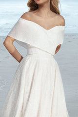 Ivory A-Line Wedding Dress Off the Shoulder Bridal Dress With Sweep Train