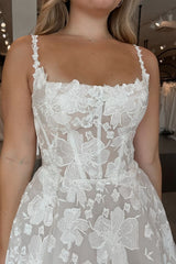 Ivory Spaghetti Straps Wedding Dress Embroidered Corset Bridal Dress with Sweep Train