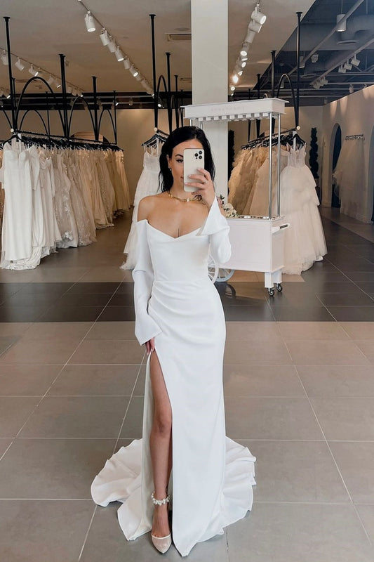 Ivory Off the Shoulder Wedding Dress Sheath/Column Satin Long Sleeves Bridal Dress