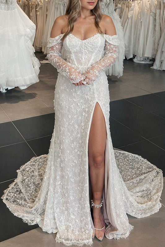 Ivory Sheath/Column Wedding Dress Off the Shoulder Long Sleeves Bridal Dress