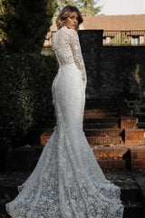 Ivory Lace Wedding Dress High Neck Tulle Appliques Bridal Dress with Sweep Train