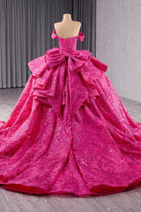 Fuchsia Off the Shoulder Wedding Dress Ball Gown Sequin Evening Dress