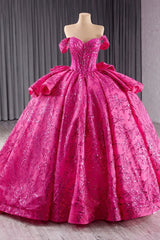 Fuchsia Off the Shoulder Wedding Dress Ball Gown Sequin Evening Dress