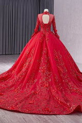 Red High Neck Wedding Dress Long Sleeves Ball Gown Sequin Bridal Dress