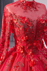 Red High Neck Wedding Dress Long Sleeves Ball Gown Sequin Bridal Dress