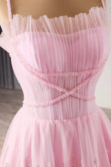 Pink Spaghetti Straps Prom Dress A Line Lace Up Beaded Evening Dress