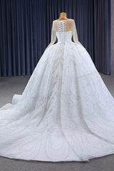 Ivory Long Sleeves Wedding Dress Ball Gown Sequin Bridal Dress with Sweep Train