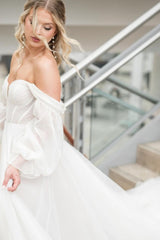 Ivory A Line Wedding Dress Off the Shoulder Tulle Bridal Dress with Sweep Train