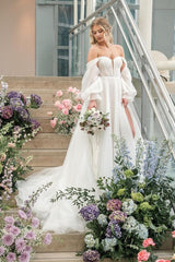 Ivory A Line Wedding Dress Off the Shoulder Tulle Bridal Dress with Sweep Train