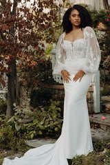 Ivory Square Neck Wedding Dress Off the Shoulder Bridal Dress with Sweep Train