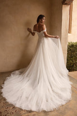 Ivory Wedding Dress A Line Tulle Off the Shoulder Corset Bridal Dress with Beadings