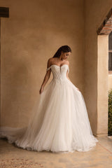 Ivory Wedding Dress A Line Tulle Off the Shoulder Corset Bridal Dress with Beadings