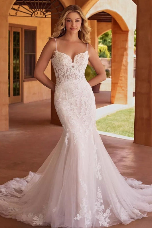 Ivory Mermaid Wedding Dress Spaghetti Straps Bridal Dress with Appliques