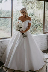 Ivory A Line Wedding Dress Off the Shoulder Satin Bridal Dress