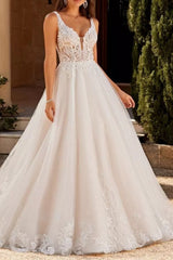 Ivory A Line Wedding Dress V Neck Tulle Appliques Bridal Dress with Sweep Train