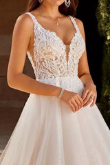 Ivory A Line Wedding Dress V Neck Tulle Appliques Bridal Dress with Sweep Train