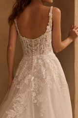 Ivory Wedding Dress A Line Corset Appliques Bridal Dress with Sweep Train