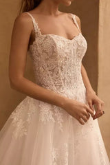 Ivory Wedding Dress A Line Corset Appliques Bridal Dress with Sweep Train