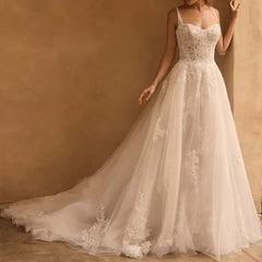 Ivory Wedding Dress A Line Corset Appliques Bridal Dress with Sweep Train