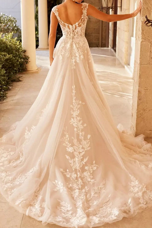 Ivory Wedding Dress A Line V Neck Appliques Bridal Dress with Sweep Train