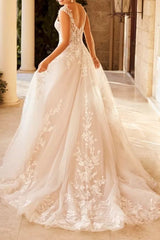 Ivory Wedding Dress A Line V Neck Appliques Bridal Dress with Sweep Train