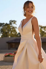 Ivory Wedding Dress A Line V Neck Satin Backless Bridal Dress with Slit