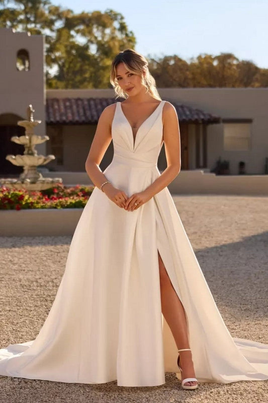 Ivory Wedding Dress A Line V Neck Satin Backless Bridal Dress with Slit