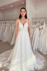 Ivory Wedding Dress A Line V Neck Tulle Appliques Bridal Dress with Sweep Train