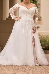 Ivory Plus Size Wedding Dress A Line Off the Shoulder Bridal Dress with Appliques