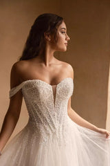 Ivory Wedding Dress A Line Tulle Off the Shoulder Corset Bridal Dress with Beadings