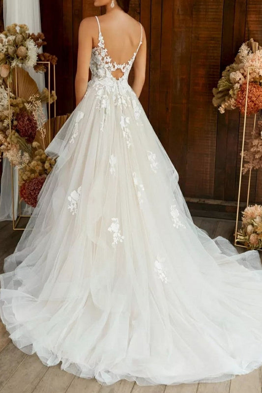 Ivory Wedding Dress Spaghetti Straps Tulle Bridal Dress with Appliques