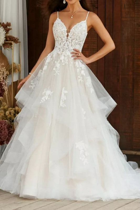 Ivory Wedding Dress Spaghetti Straps Tulle Bridal Dress with Appliques