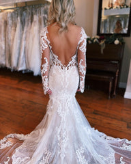 Long Sleeves Wedding Dress Mermaid Appliques Bridal Dress with Panel Train