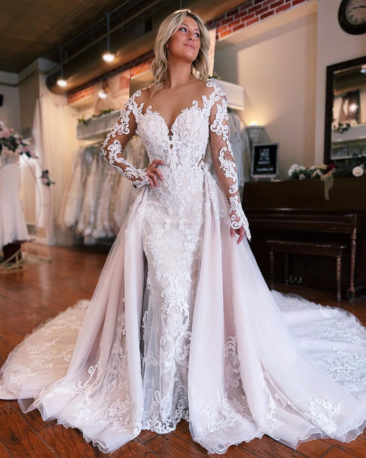 Long Sleeves Wedding Dress Mermaid Appliques Bridal Dress with Panel Train