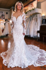 Long Sleeves Wedding Dress Mermaid Appliques Bridal Dress with Panel Train