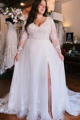 Plus Size Chiffon Wedding Dress A-Line V-Neck Long Sleeves Bridal Dress